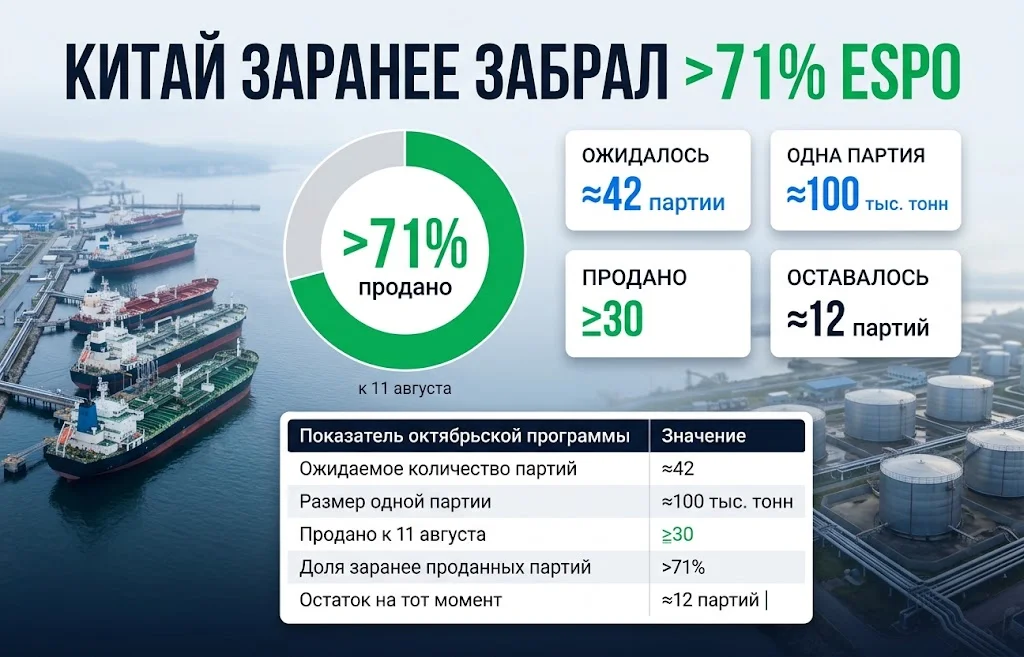 Диаграмма октябрьской программы ESPO: ≥30 из ≈42 партий проданы к 11 августа