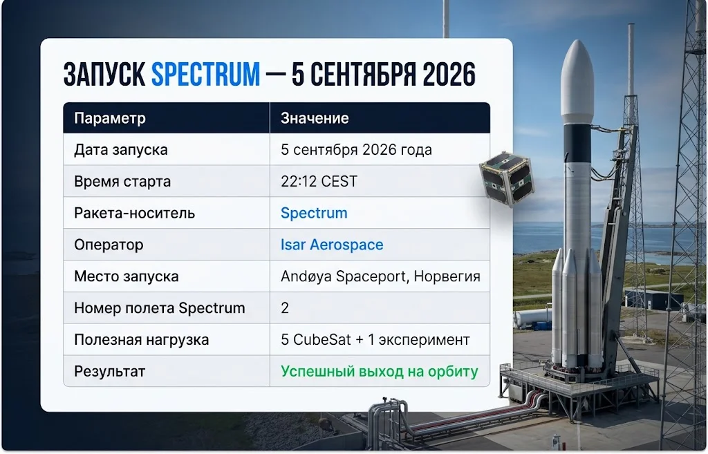 Таблица с датой, временем, полезной нагрузкой и результатом второго запуска Spectrum