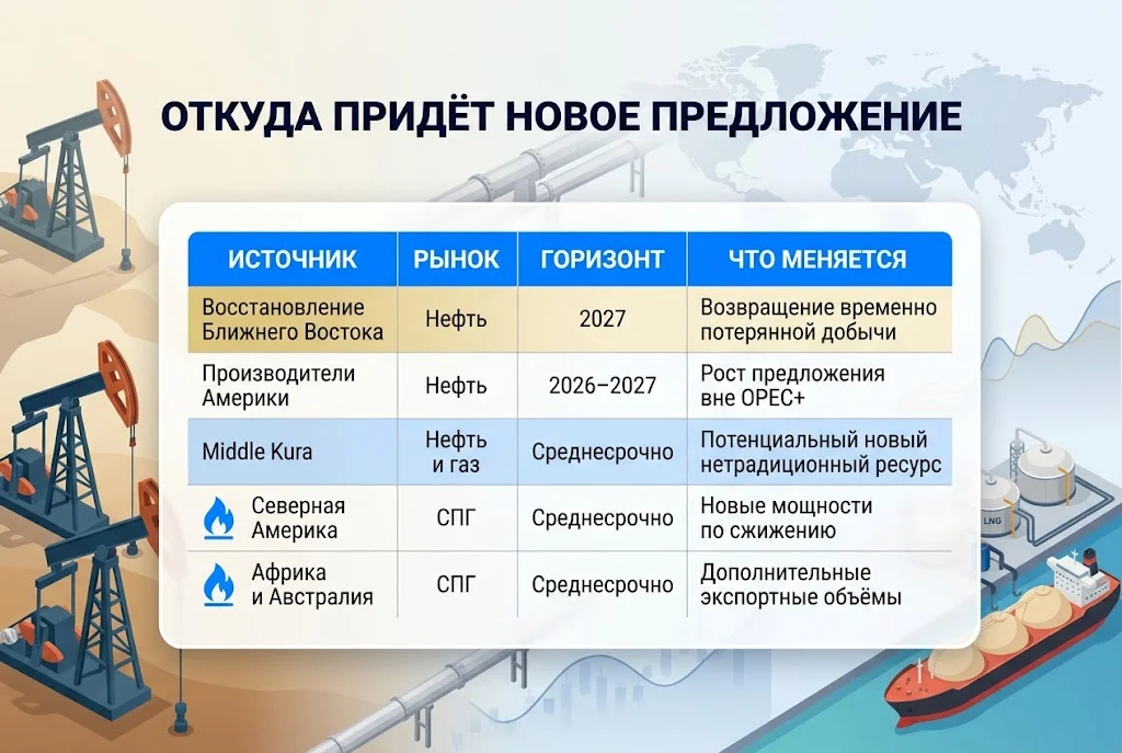 Таблица будущих источников роста предложения нефти, газа и СПГ