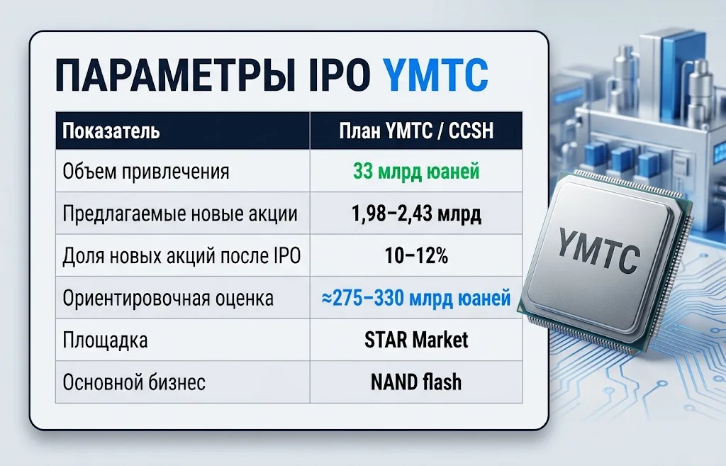 Таблица с объемом размещения, оценкой, долей новых акций и площадкой IPO YMTC