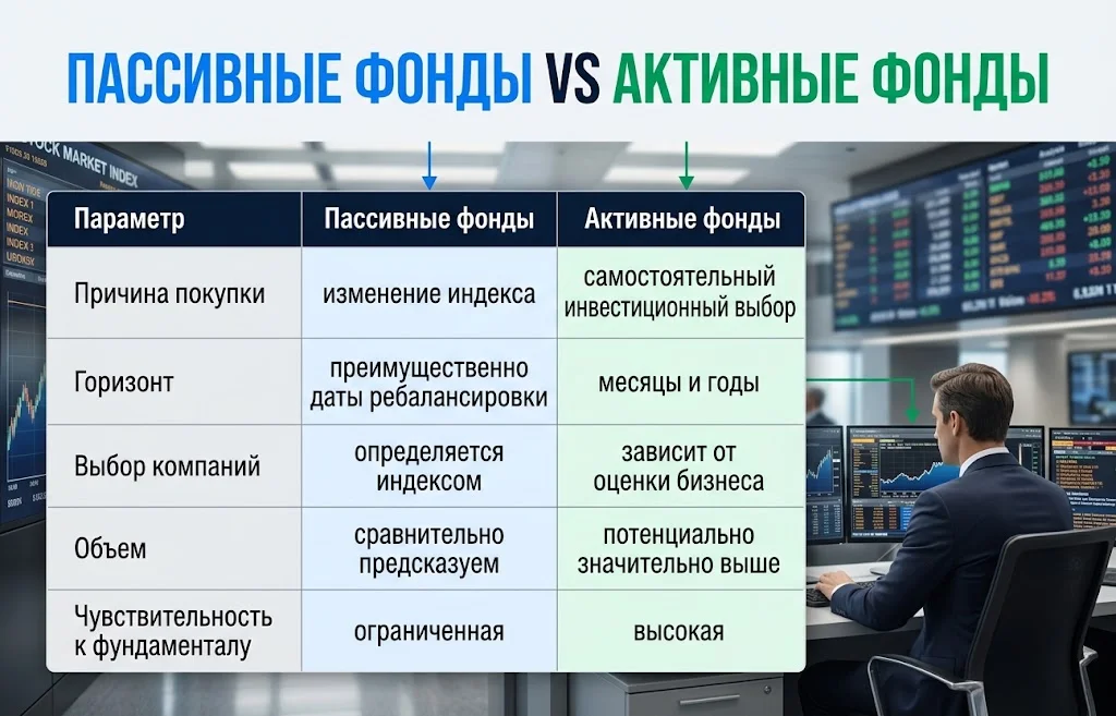 Сравнение пассивных и активных фондов по горизонту, выбору компаний и инвестиционному подходу