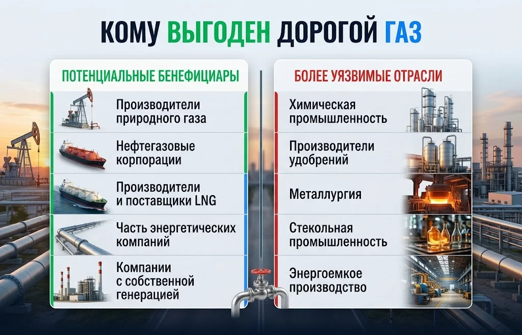 Сравнение энергетических бенефициаров и уязвимых отраслей при росте стоимости природного газа