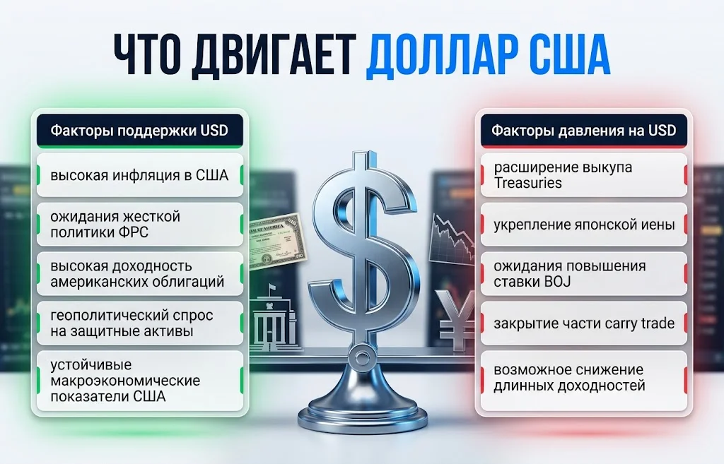 Сравнение пяти факторов поддержки USD и пяти факторов давления на американскую валюту