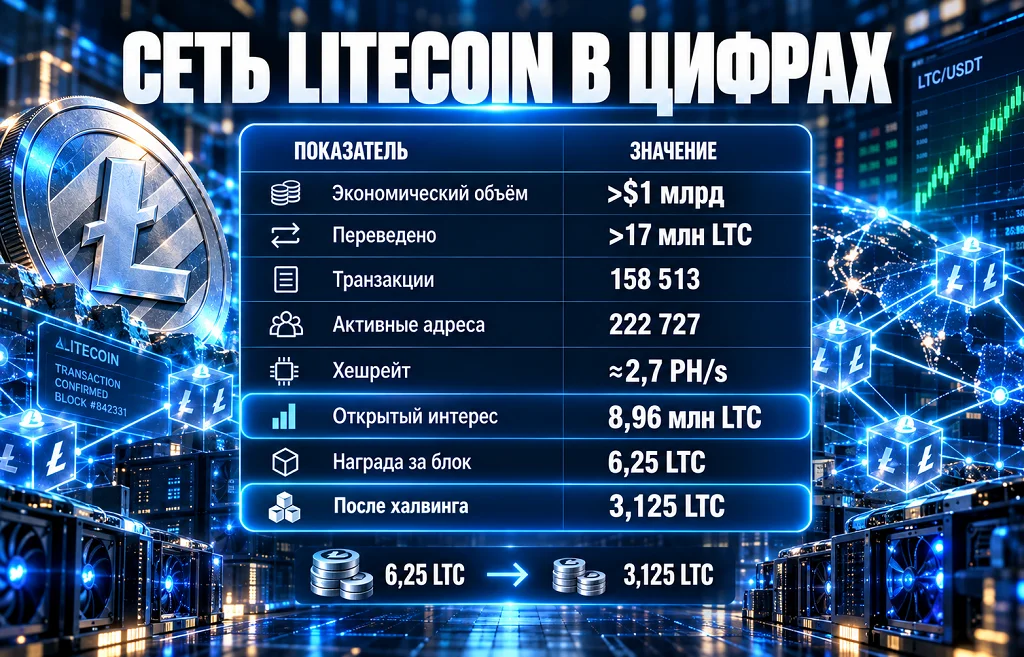 Транзакции, активные адреса, хешрейт и открытый интерес Litecoin