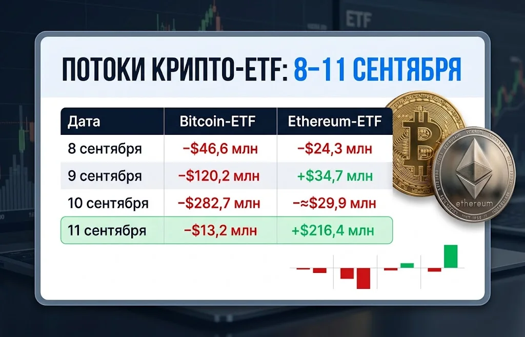 Таблица ежедневных потоков Bitcoin-ETF и Ethereum-ETF за четыре торговых дня сентября