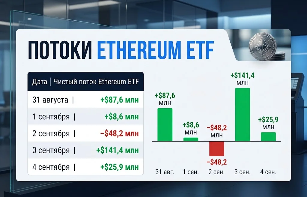 Таблица и диаграмма потоков Ethereum ETF с максимумом +$141,4 млн 3 сентября
