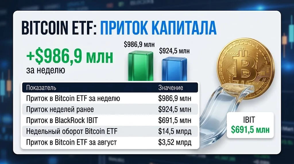 Таблица недельных потоков Bitcoin ETF с $986,9 млн притока и $691,5 млн в IBIT