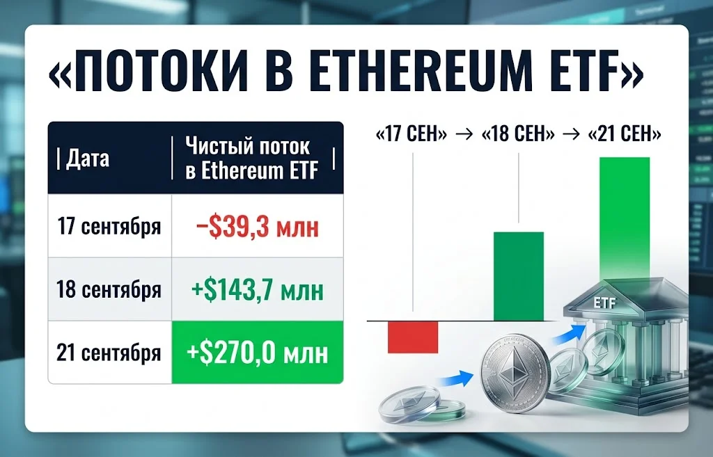 Потоки Ethereum ETF от −$39,3 млн до +$270,0 млн за три торговых дня