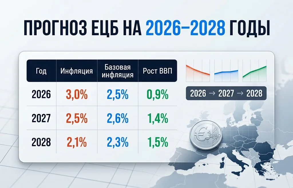 Таблица прогноза инфляции и роста ВВП еврозоны на 2026–2028 годы