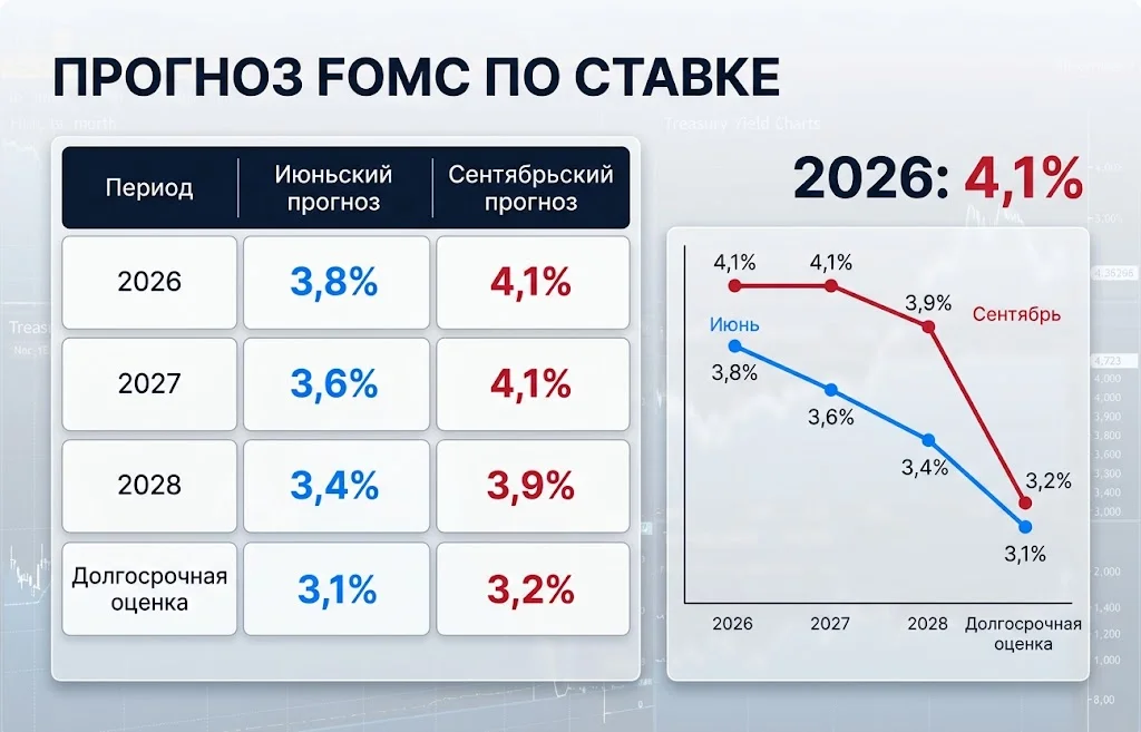 Ставка ФРС выросла до 3,75–4%: цикл развернулся 2 Сравнение июньского и сентябрьского прогнозов ставки FOMC на 2026–2028 годы