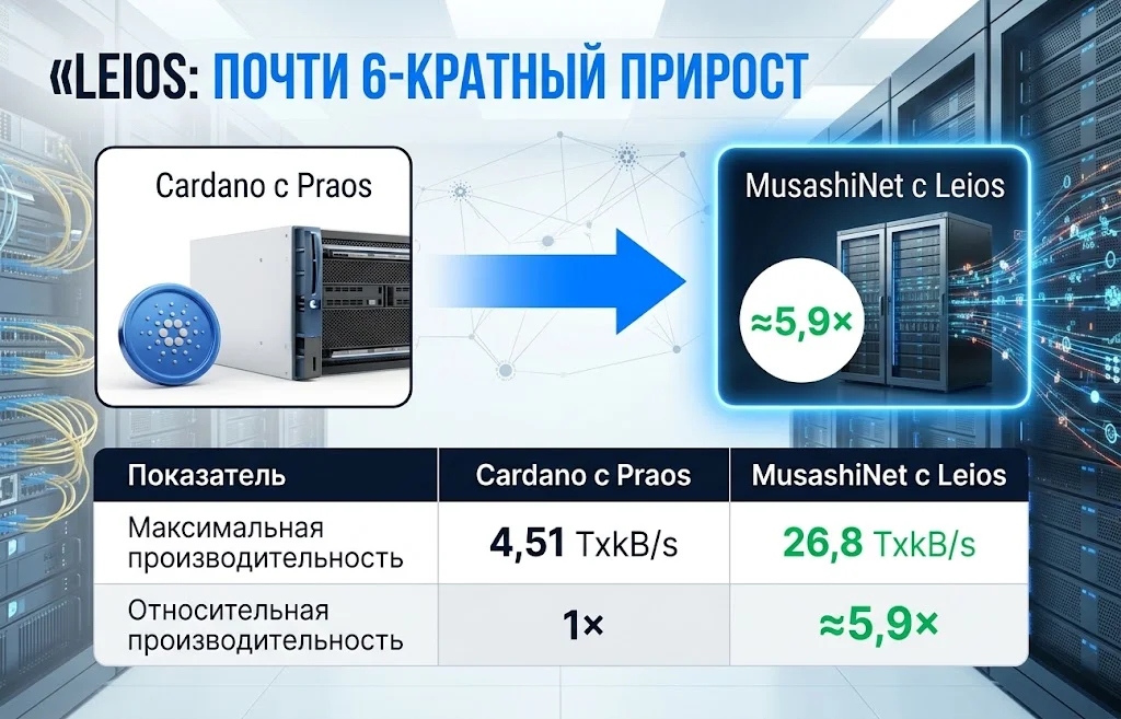 Сравнение 4,51 TxkB/s у Cardano Praos и 26,8 TxkB/s у MusashiNet Leios