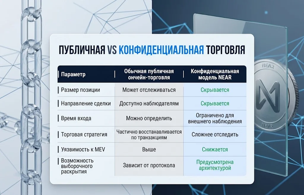 Сравнение публичной ончейн-торговли и конфиденциальной модели NEAR по шести параметрам