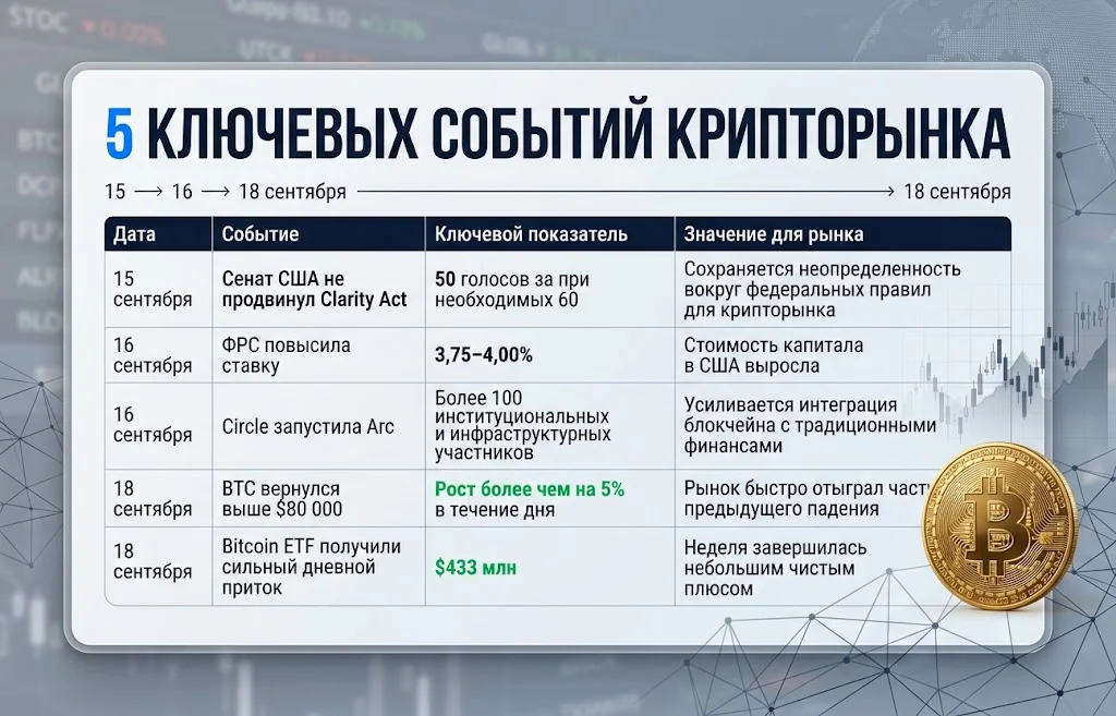Дайджест криптоновостей за 21.09.2026: BTC выше $80 000 1 Хронология Clarity Act, ставки ФРС, Circle Arc, Bitcoin и притока в Bitcoin ETF