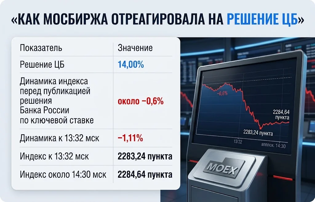 Индекс Мосбиржи снизился на 1,11% после сохранения ключевой ставки на уровне 14%