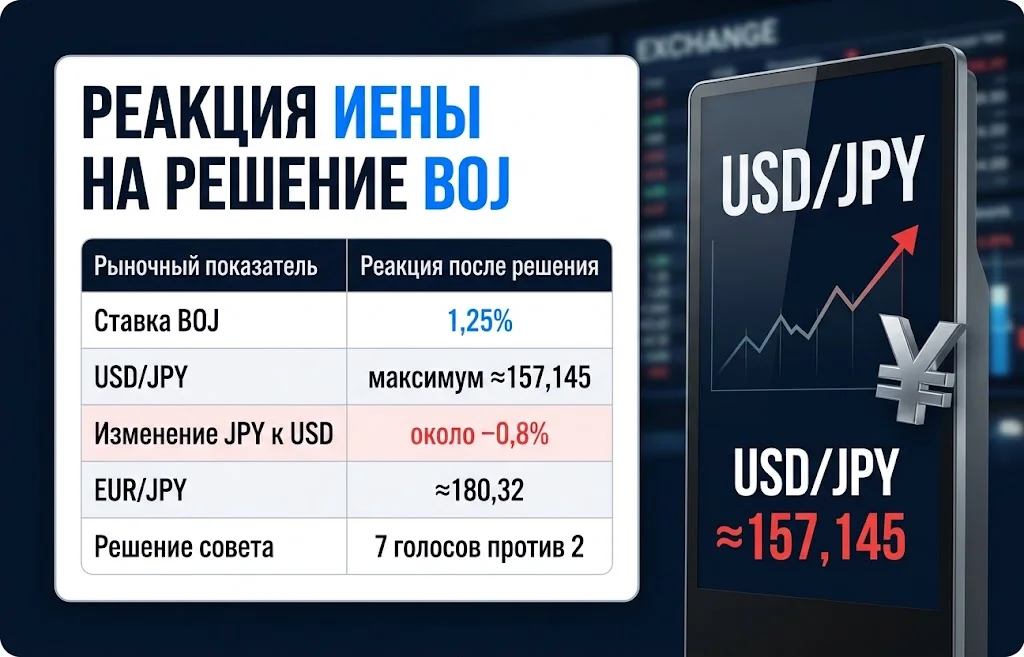 USD/JPY около 157,145 и падение JPY на 0,8% после решения Банка Японии