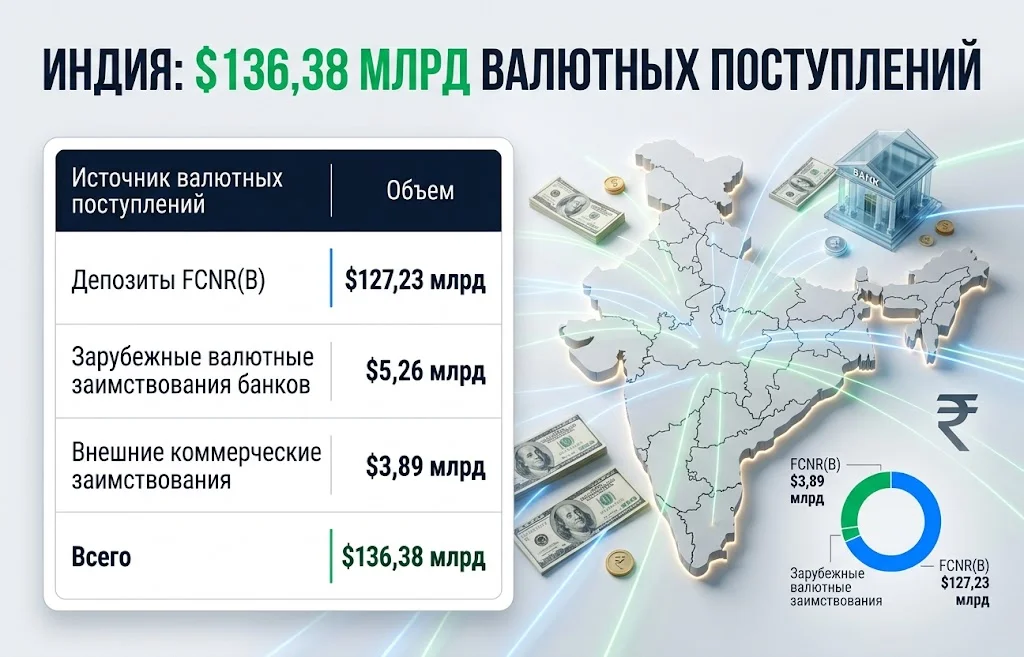 Депозиты FCNR(B) обеспечили $127,23 млрд из общего валютного притока $136,38 млрд в Индию