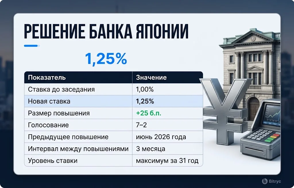 Таблица со ставкой BOJ 1,25%, повышением на 25 б.п. и голосованием 7–2