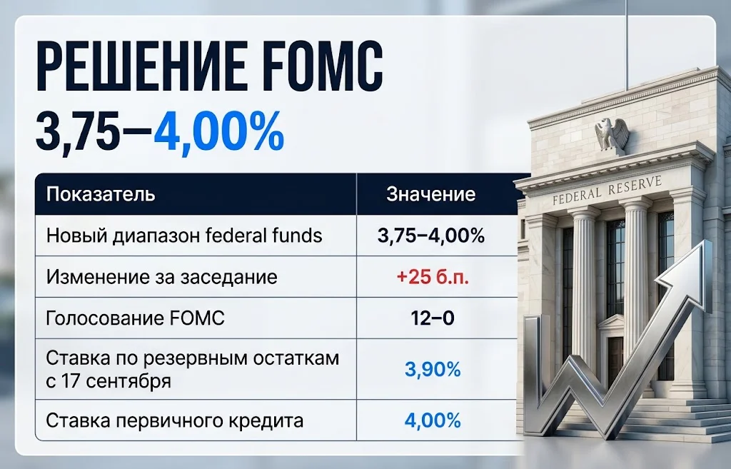 Ставка ФРС выросла до 3,75–4%: цикл развернулся 1 Таблица решения FOMC с диапазоном 3,75–4,00% и повышением ставки на 25 б.п.