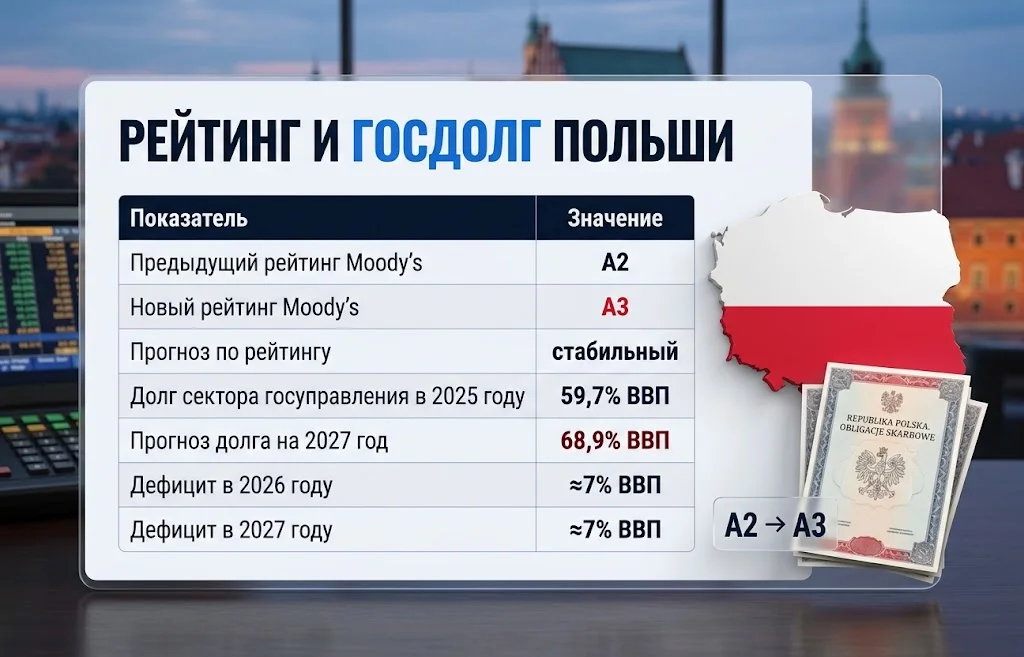 Кредитный рейтинг Польши снижен: Moody’s указало на долг 1 Таблица рейтинга A3, госдолга Польши и дефицита около 7% ВВП