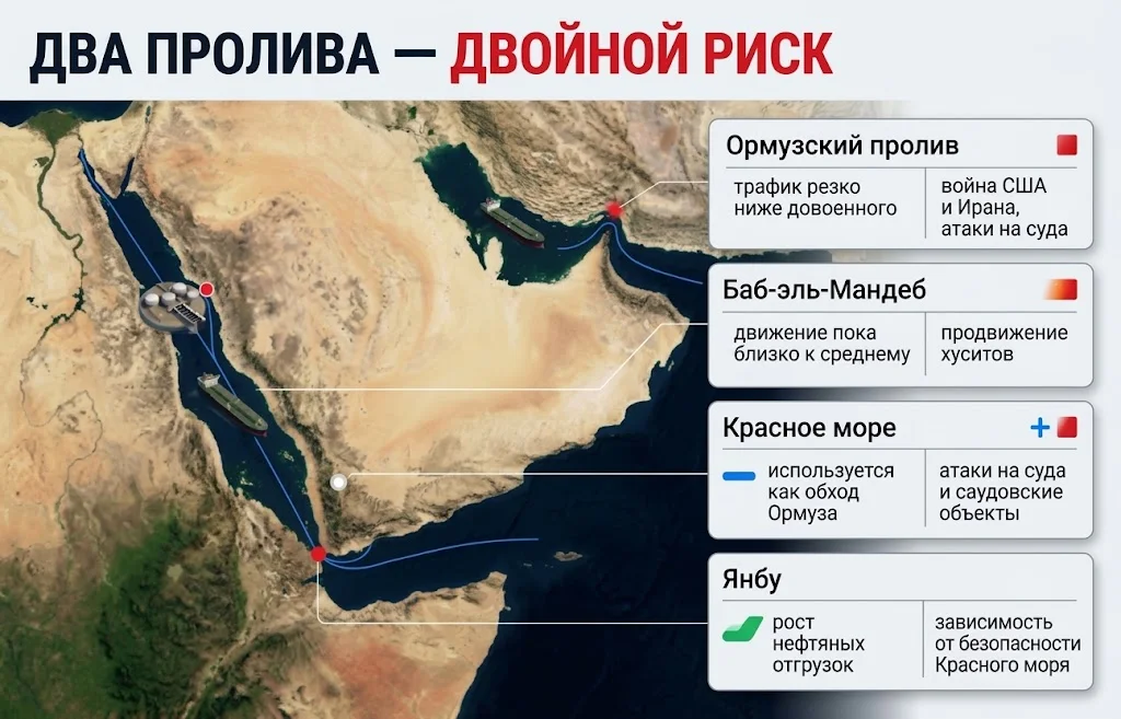 Цена нефти Brent превысила $107 из-за атак хуситов 2 Карта Ормуза, Баб-эль-Мандеба, Красного моря и Янбу с основными рисками