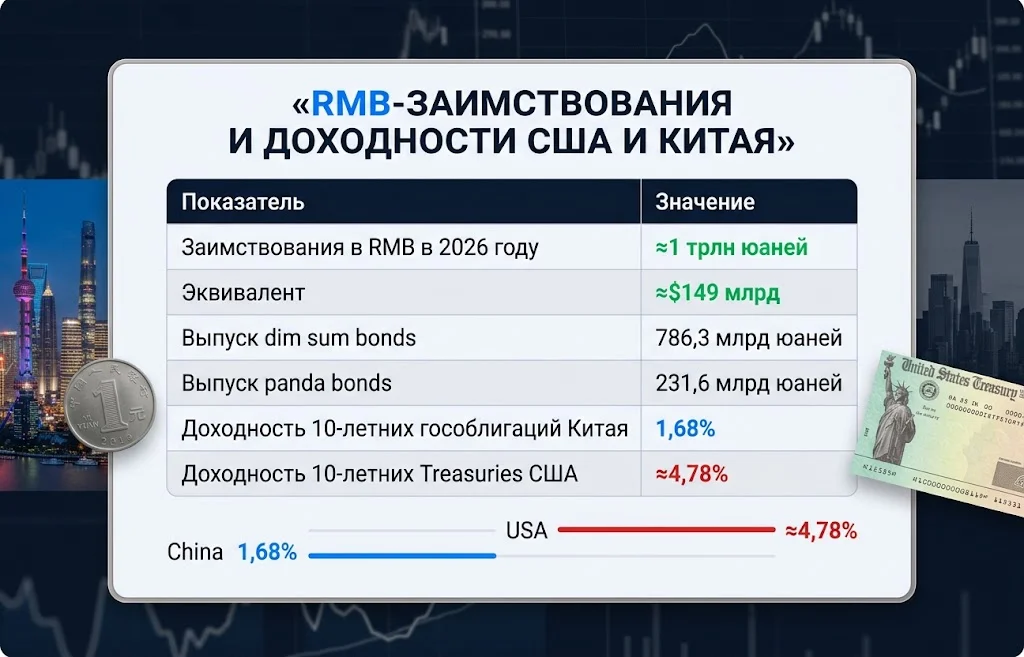 Сравнение RMB-заимствований и доходности 10-летних облигаций Китая 1,68% и США ≈4,78%