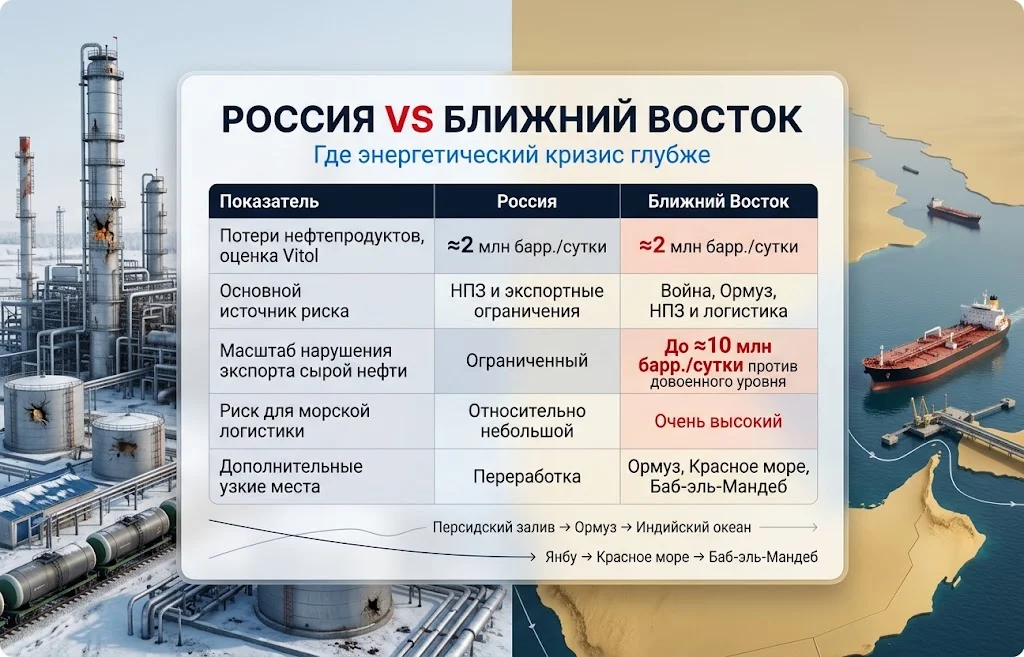 Дефицит дизеля: Трамп обвинил Украину, но что с Ормузом? 2 Таблица сравнивает потери нефтепродуктов, экспорт нефти и логистические риски России и Ближнего Востока