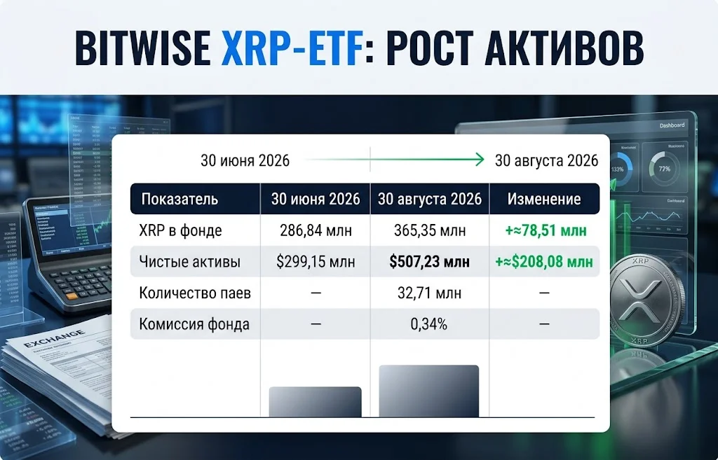 Сравнение Bitwise XRP ETF: 286,84 млн XRP в июне и 365,35 млн XRP в августе