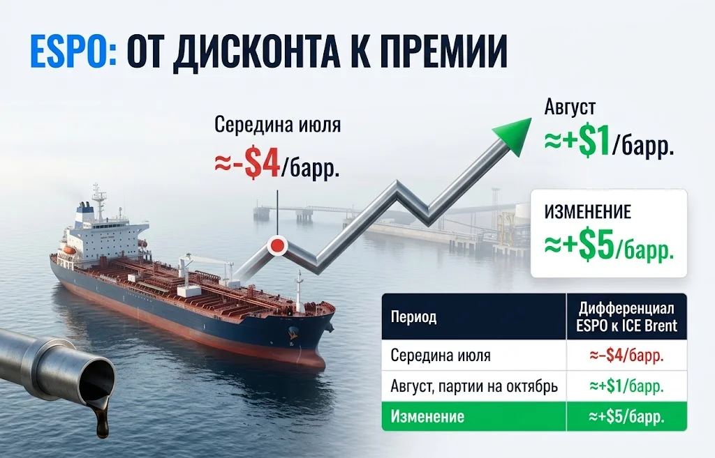 Спрос Китая на нефть взвинтил цены от Конго до Бразилии 2 Дифференциал ESPO изменился с ≈−$4 до ≈+$1 за баррель