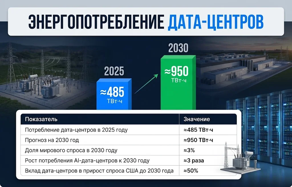 Инфографика роста энергопотребления дата-центров с 485 до 950 ТВт·ч