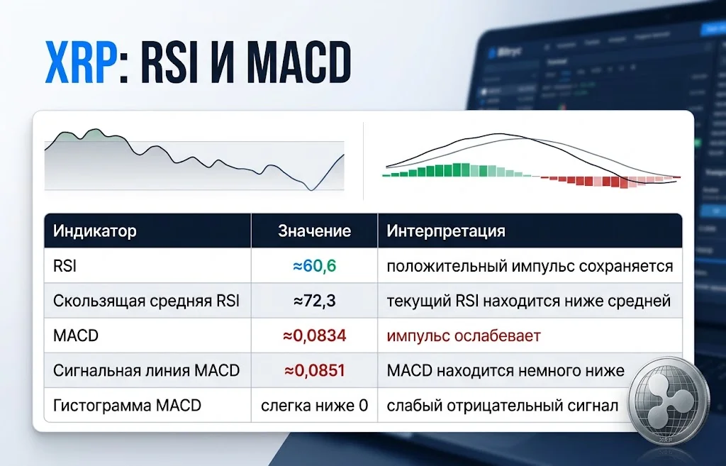 Инфографика RSI ≈60,6 и MACD ≈0,0834 с техническими сигналами для XRP