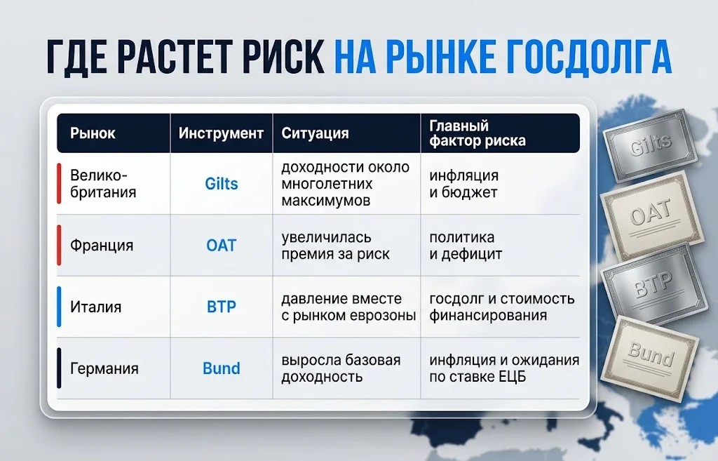 Таблица сравнивает Gilts, OAT, BTP и Bund по ситуации и основным факторам риска