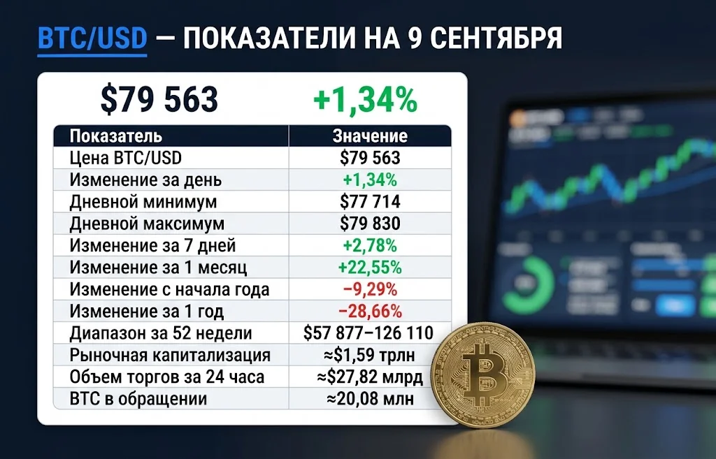 Инфографика BTC/USD с ценой $79 563, динамикой, капитализацией и торговым объемом