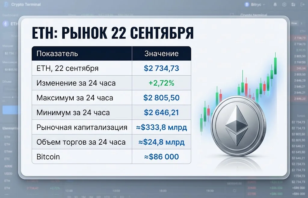 Таблица цены ETH $2 734,73, капитализации, объема торгов и суточного диапазона