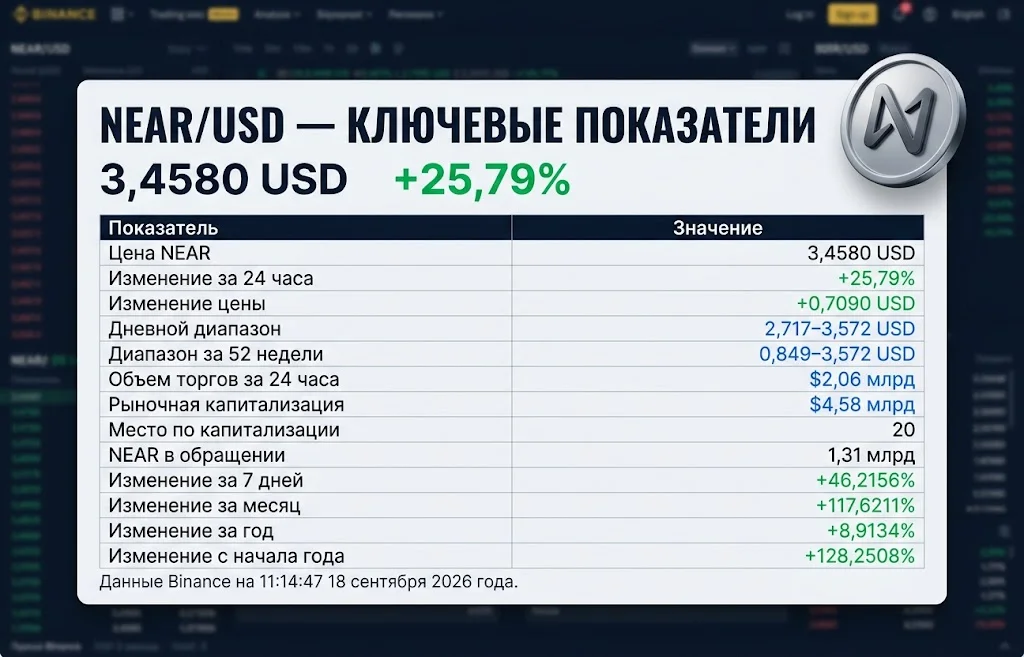 Таблица цены, объема, капитализации и динамики NEAR на Binance
