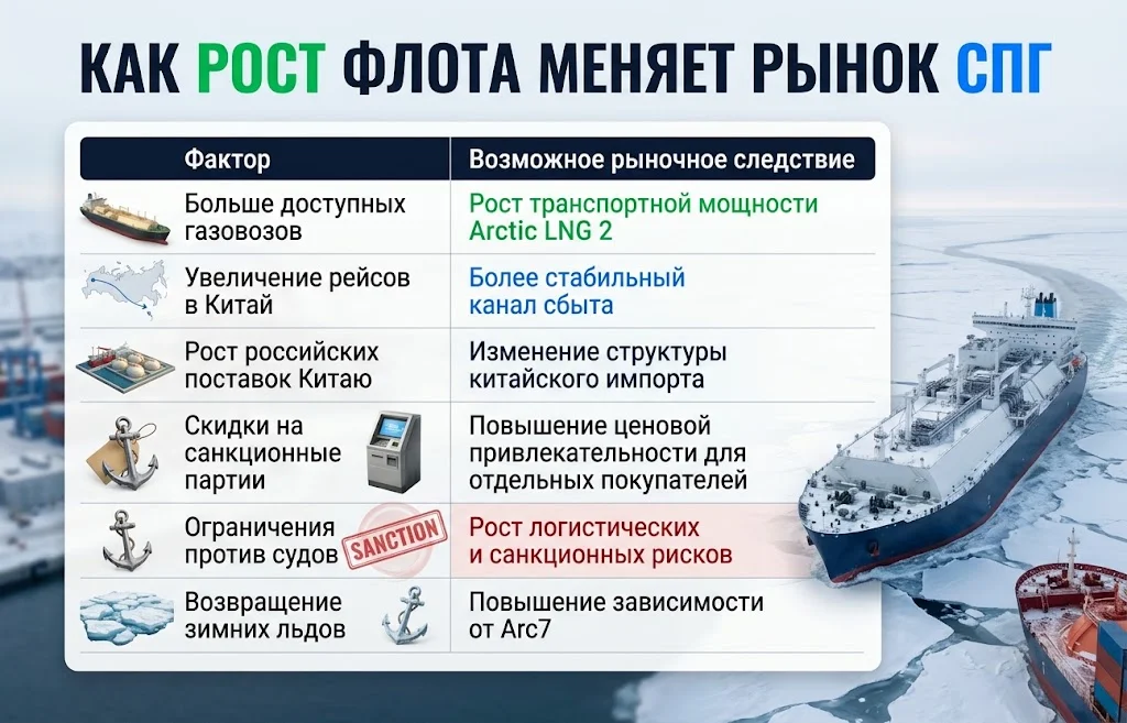 Таблица показывает влияние новых газовозов, Китая, санкций и зимних льдов на Arctic LNG 2