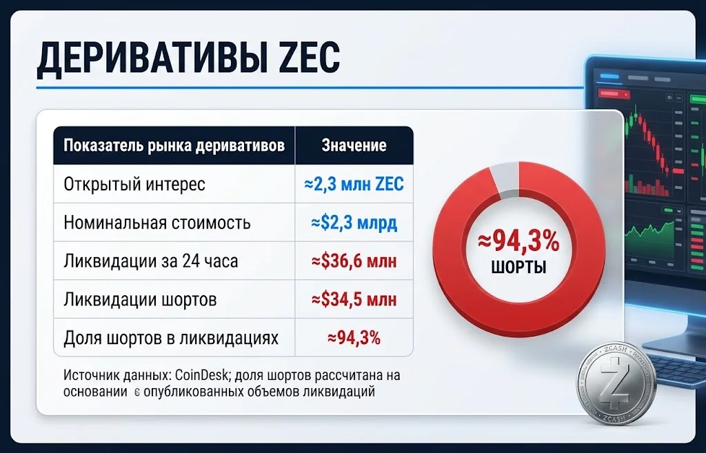 Инфографика открытого интереса ZEC на $2,3 млрд и доли шортов 94,3%