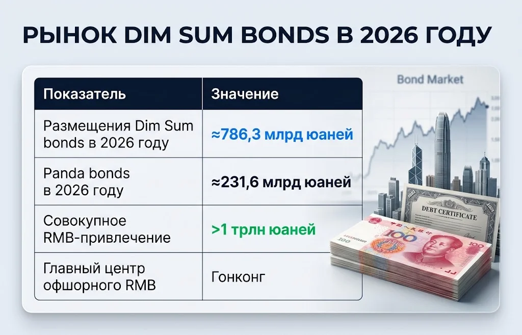 Таблица с выпусками Dim Sum bonds, Panda bonds и совокупным RMB-привлечением в 2026 году