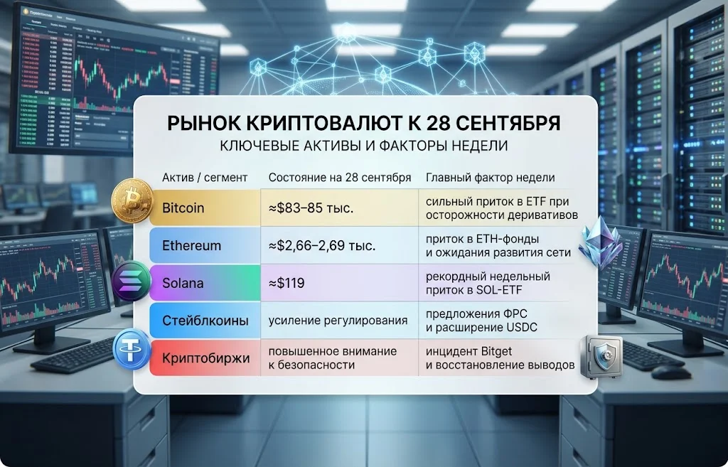 Таблица состояния Bitcoin, Ethereum, Solana, стейблкоинов и криптобирж на 28 сентября 2026 года