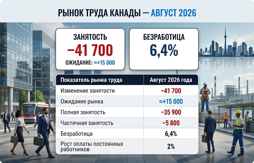 Инфографика показывает снижение занятости в Канаде на 41 700 человек при безработице 6,4%
