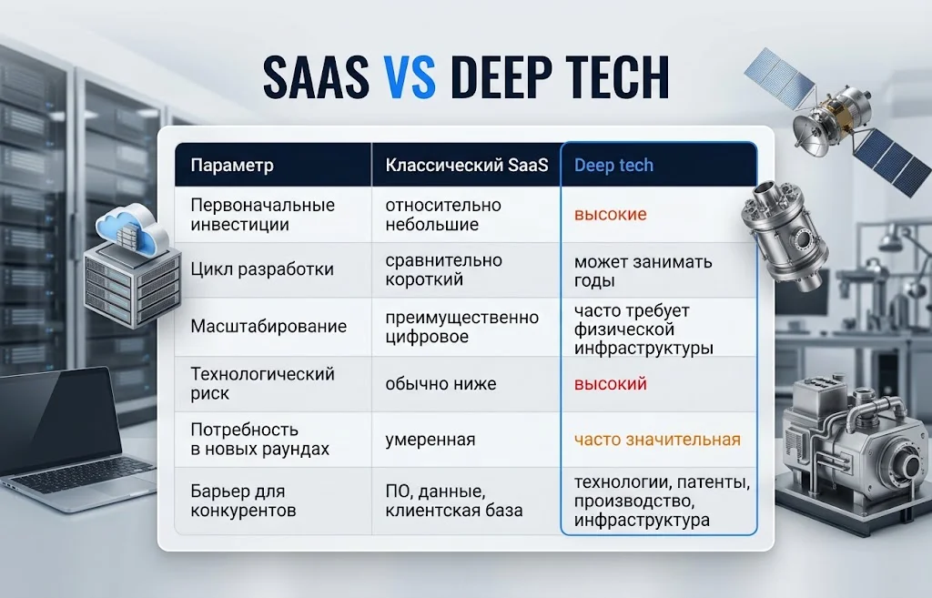 Сравнение SaaS и Deep tech по инвестициям, разработке, масштабированию и технологическому риску