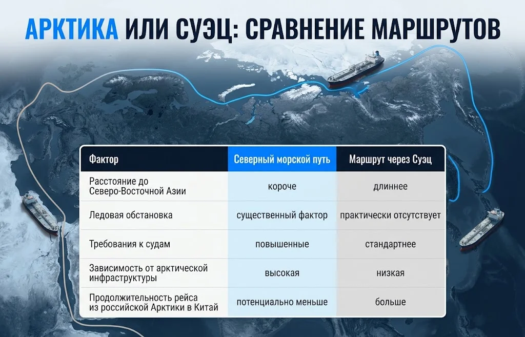 Сравнение арктического маршрута и пути через Суэц по пяти логистическим факторам