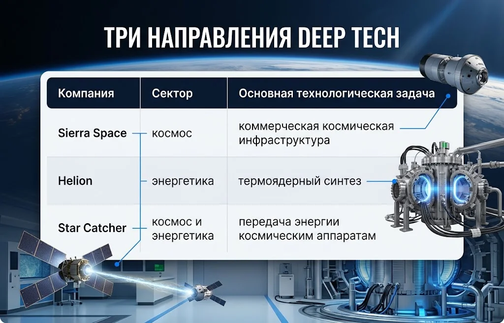 Sierra Space, Helion и Star Catcher представлены по секторам и технологическим направлениям