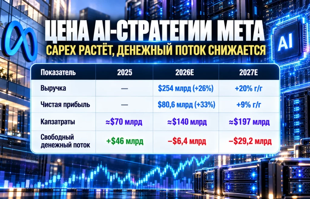 Акции Meta взлетели на 36% — капитализация у $2 трлн 2 Таблица расходов Meta на AI, выручки, прибыли и свободного денежного потока