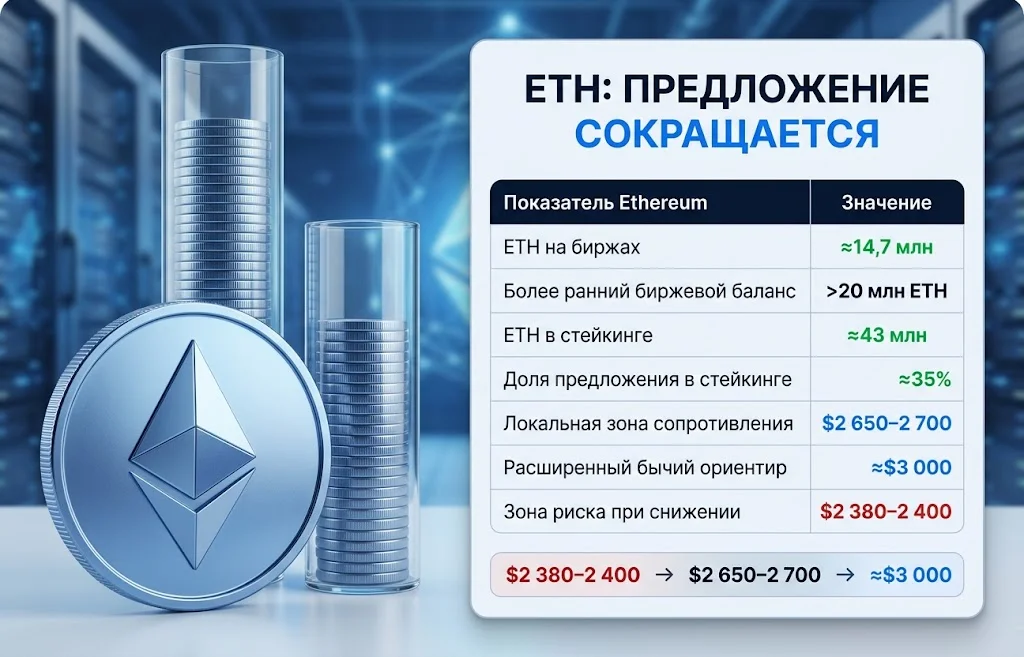 Ethereum с ≈14,7 млн ETH на биржах и ≈43 млн ETH в стейкинге