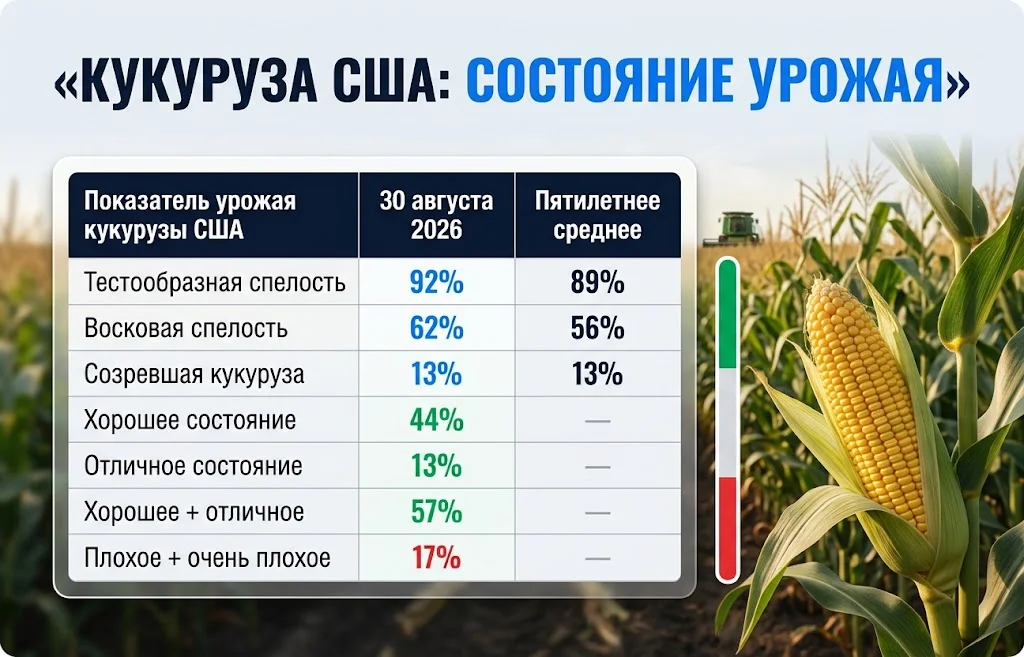 Показатели USDA по стадиям развития и состоянию кукурузы на 30 августа 2026 года
