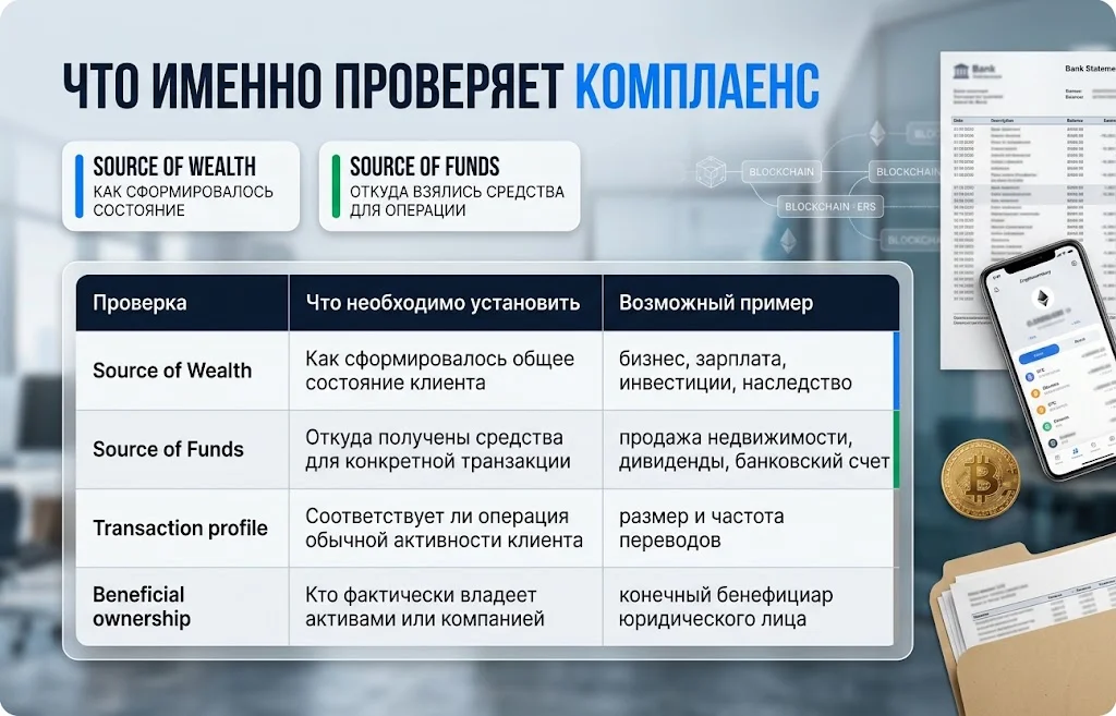 Сравнение Source of Wealth, Source of Funds и других элементов расширенной проверки клиента