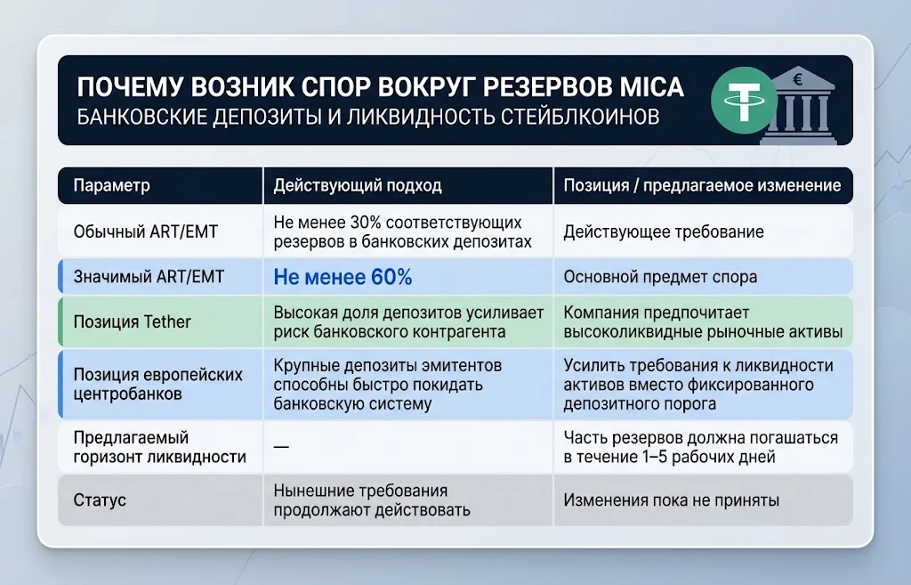 Дизайнерская таблица с требованиями MiCA к банковским депозитам и ликвидности резервов