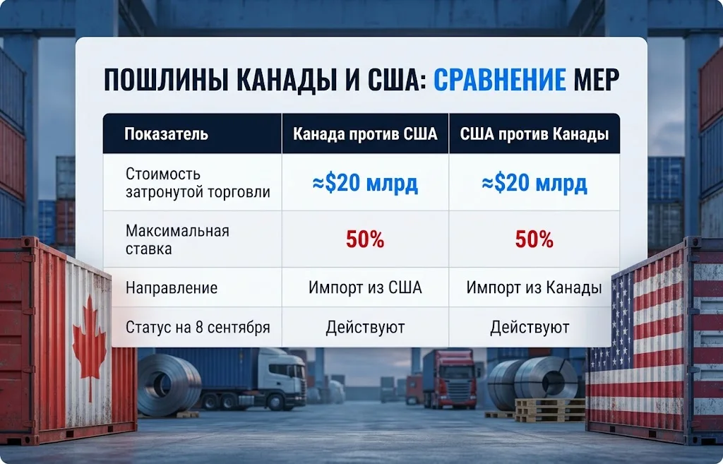Таблица сравнивает пошлины Канады и США на торговлю примерно по $20 млрд
