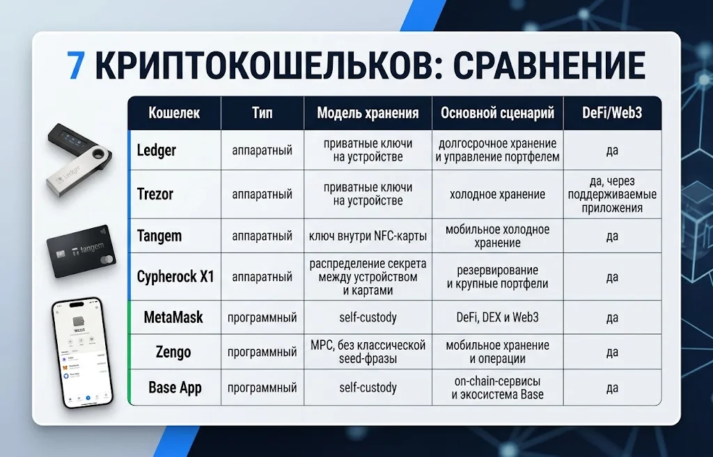 Таблица Ledger, Trezor, Tangem, Cypherock, MetaMask, Zengo и Base App