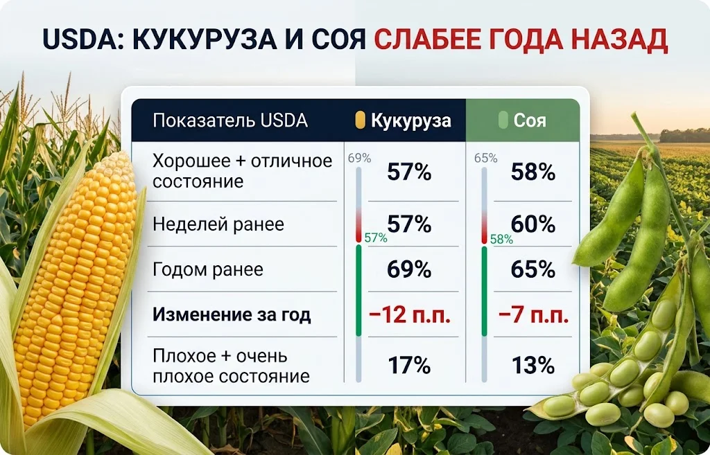 Сравнение USDA по состоянию кукурузы и сои с неделей и годом ранее